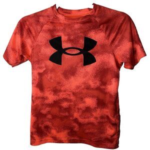 Under Armour T Shirt Size YMD/JM/M Orange/Black Loose Fit Big Logo Short Sleeve
